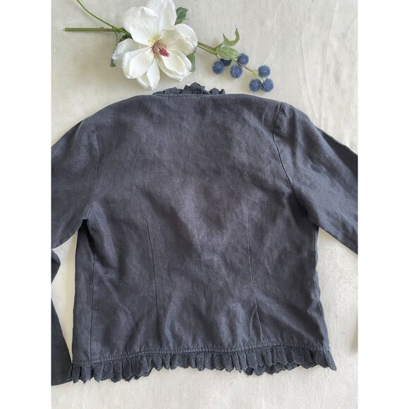 Relativity Womens 100% Linen Ruffle Cardigan PM Black Lace Trim & Tie Whimsigoth - Picture 2 of 9